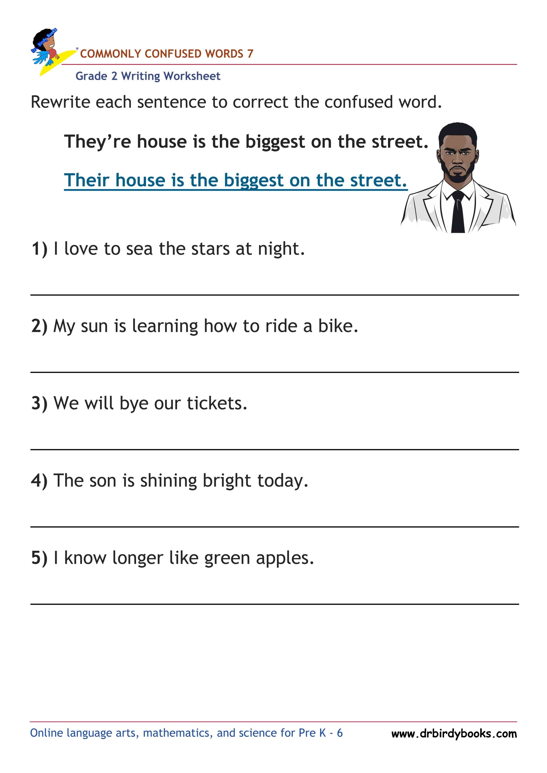 Grade 2 commonly confused words worksheet for writing practice and homophone correction