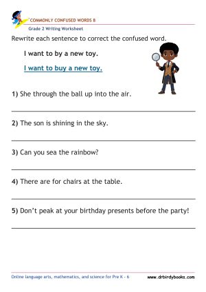 Grade 2 commonly confused words worksheet for writing practice and homophone correction