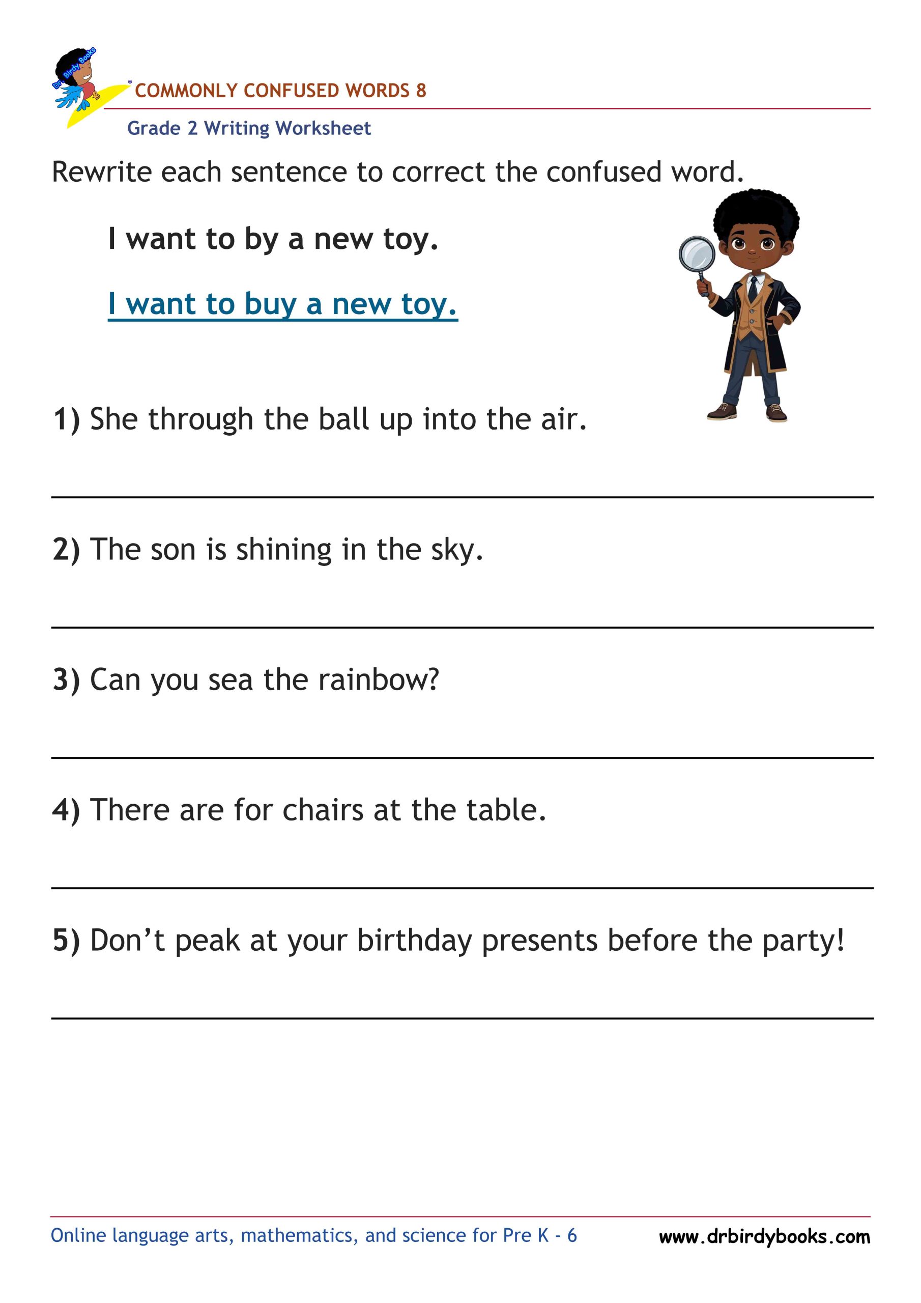 Grade 2 commonly confused words worksheet for writing practice and homophone correction