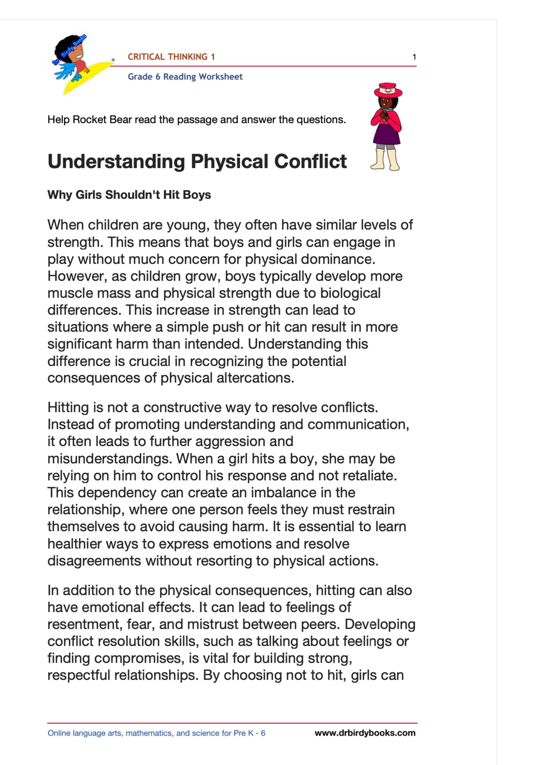 Grade 6 reading critical thinking worksheet with questions and reasoning practice