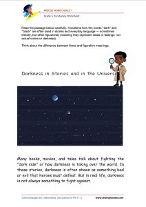 Grade 6 precise word choice worksheet for vocabulary practice with dark and black