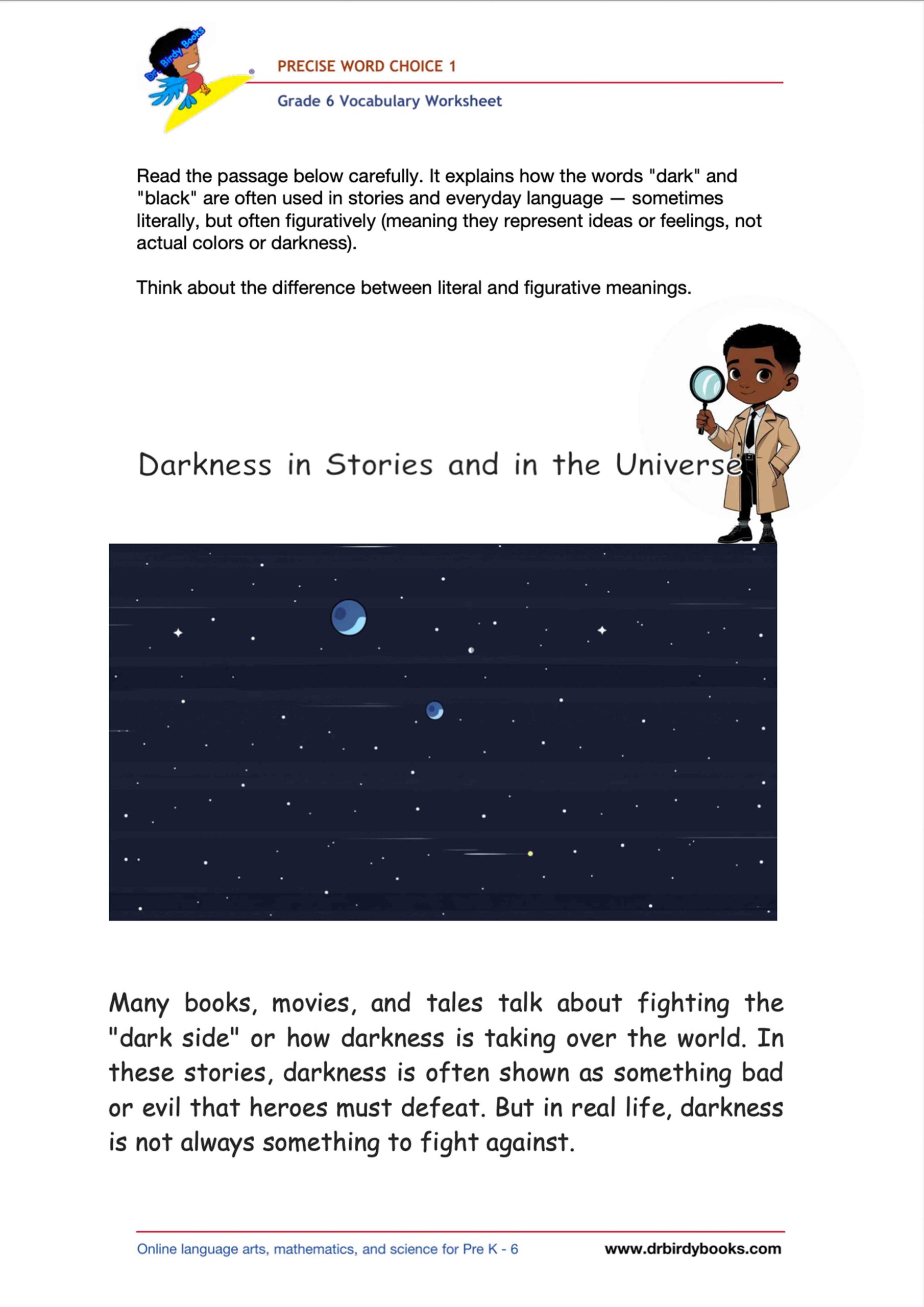 Grade 6 precise word choice worksheet for vocabulary practice with dark and black