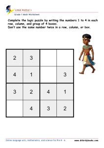 Grade 1 math logic puzzle worksheet with numbers 1 to 4