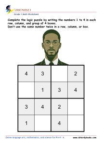 Grade 1 math logic puzzle worksheet with numbers 1 to 4