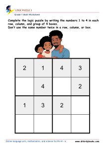 Grade 1 math logic puzzle worksheet with numbers 1 to 4