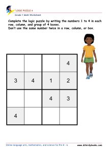 Grade 1 math logic puzzle worksheet with numbers 1 to 4