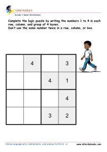 Grade 1 math logic puzzle worksheet with numbers 1 to 4