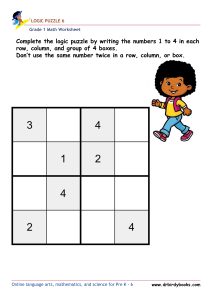 Grade 1 math logic puzzle worksheet with numbers 1 to 4
