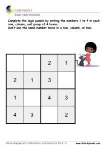 Grade 1 math logic puzzle worksheet with numbers 1 to 4