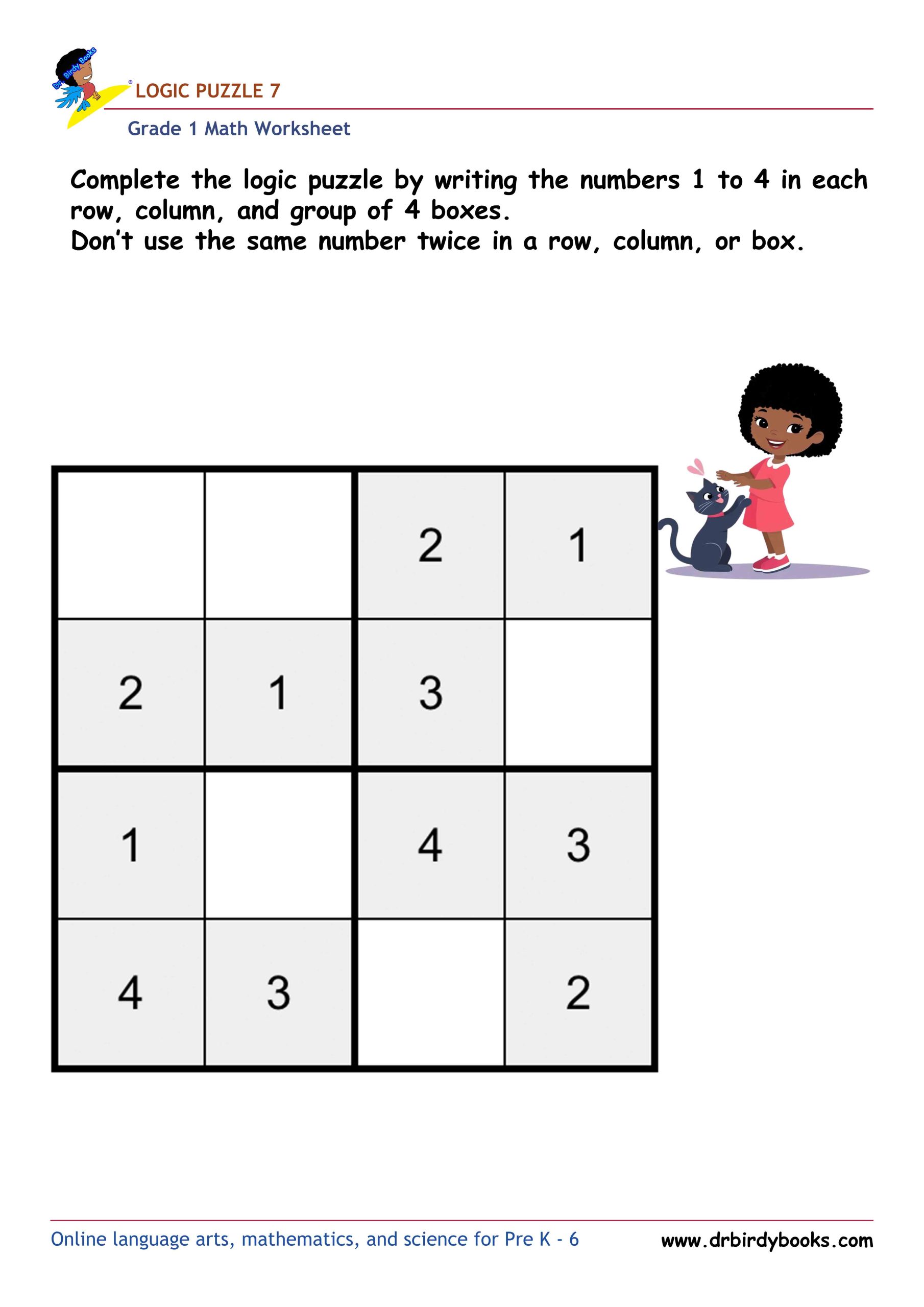 Grade 1 math logic puzzle worksheet with numbers 1 to 4