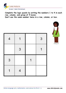 Grade 1 math logic puzzle worksheet with numbers 1 to 4