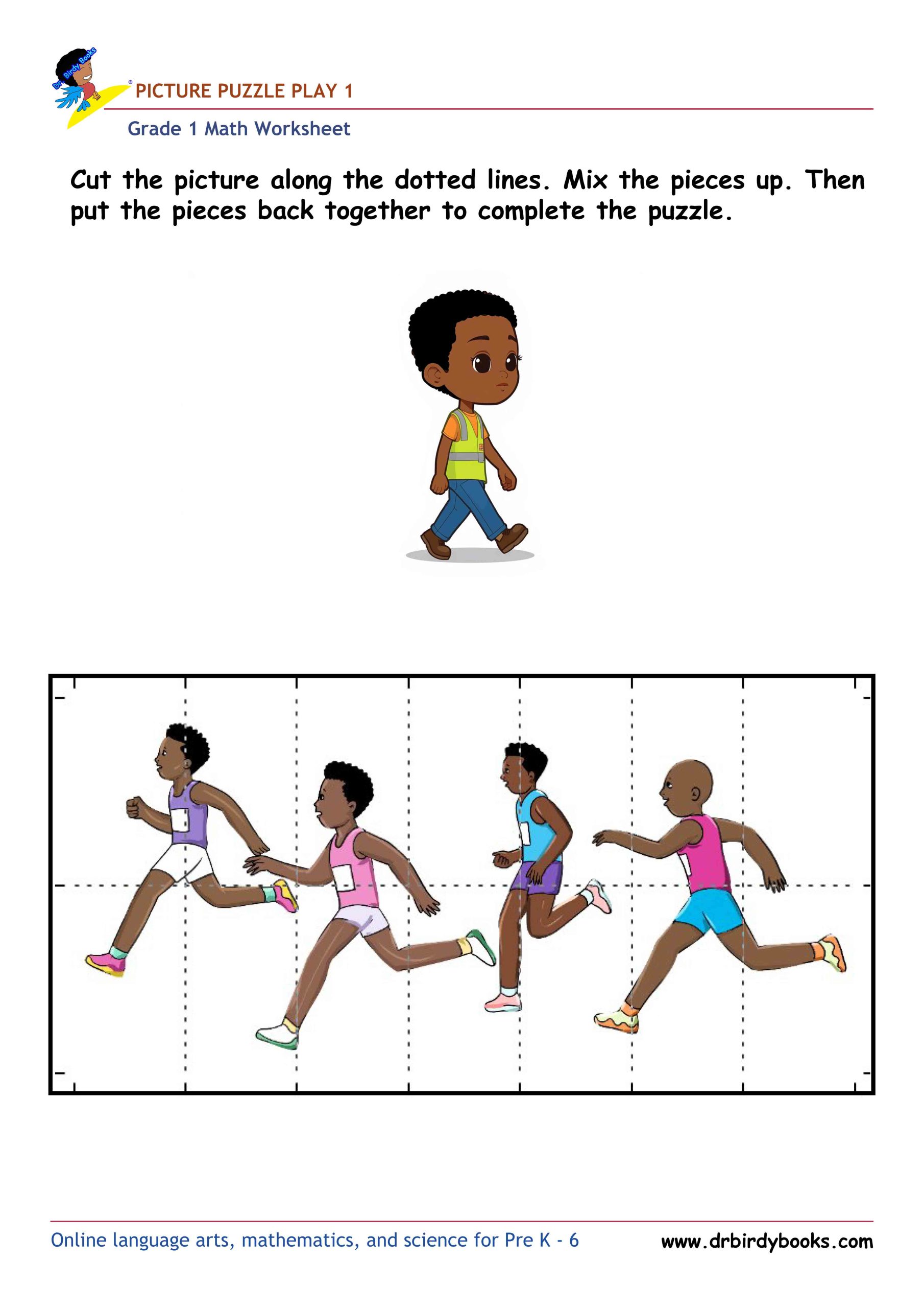 Grade 1 math picture puzzle worksheet with cut and assemble activity