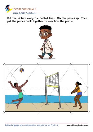 Grade 1 math picture puzzle worksheet with cut and assemble activity