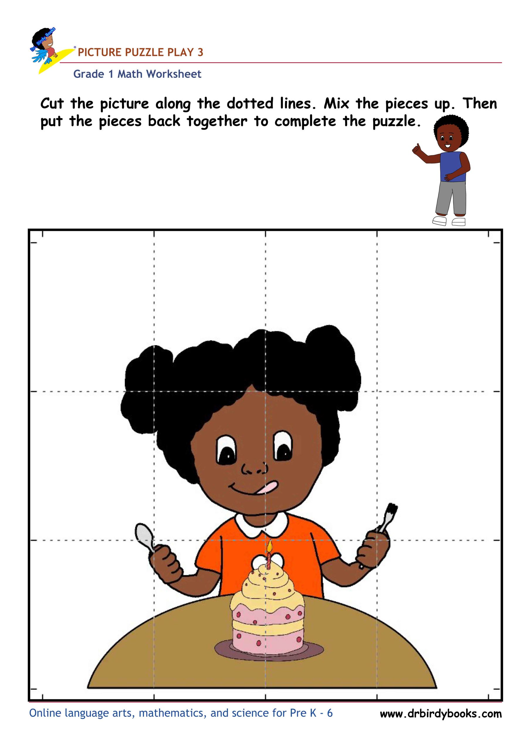 Grade 1 math picture puzzle worksheet with cut and assemble activity