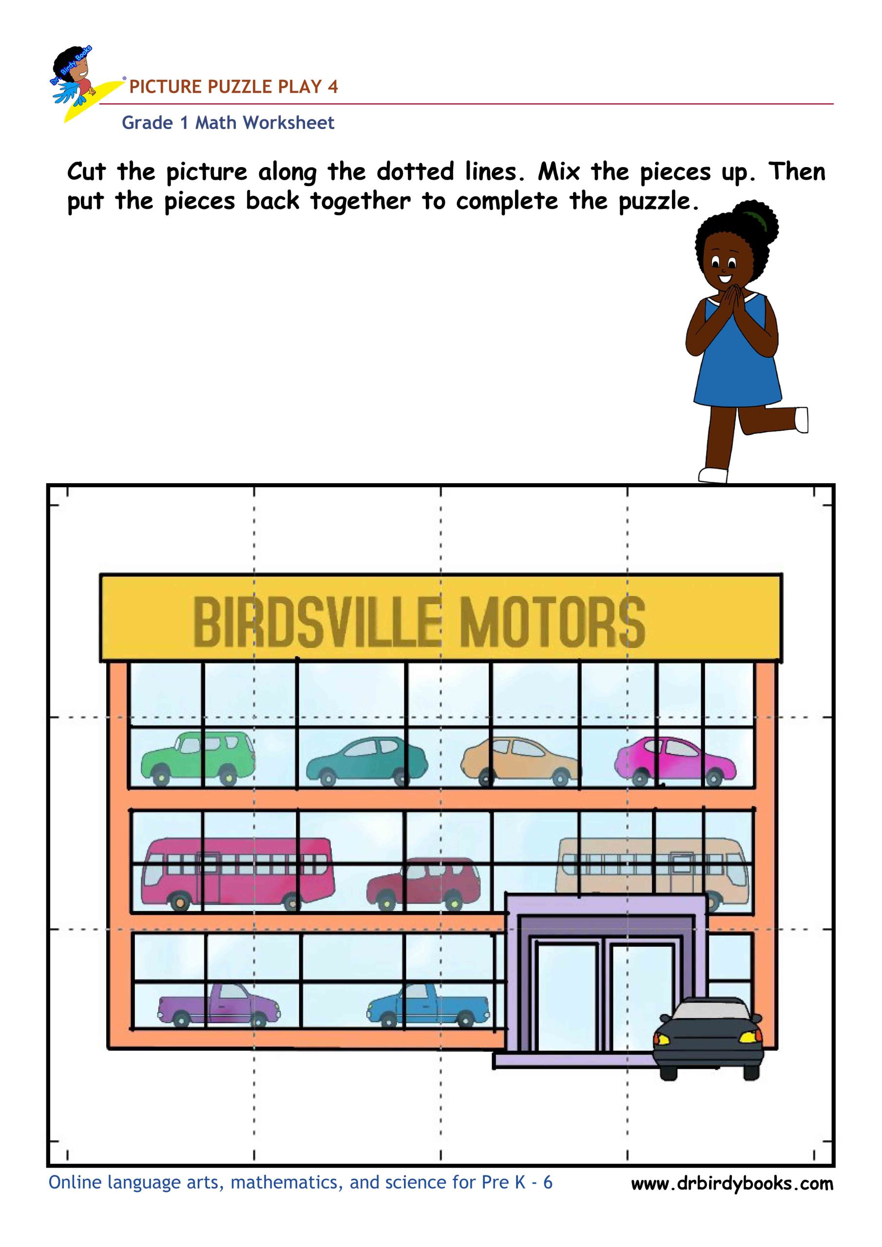 Grade 1 math picture puzzle worksheet with cut and assemble activity