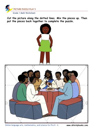 Grade 1 math picture puzzle worksheet with cut and assemble activity