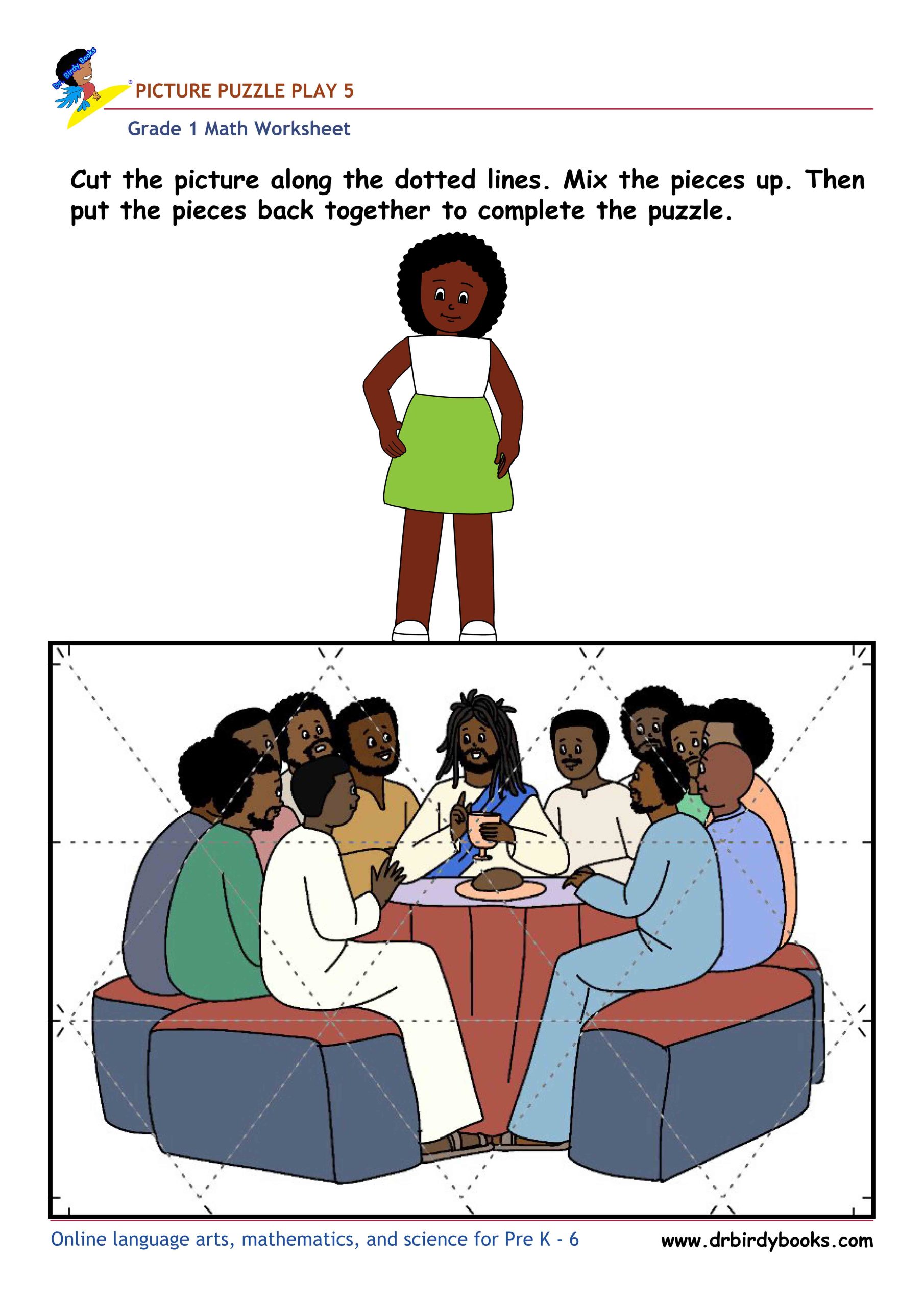 Grade 1 math picture puzzle worksheet with cut and assemble activity