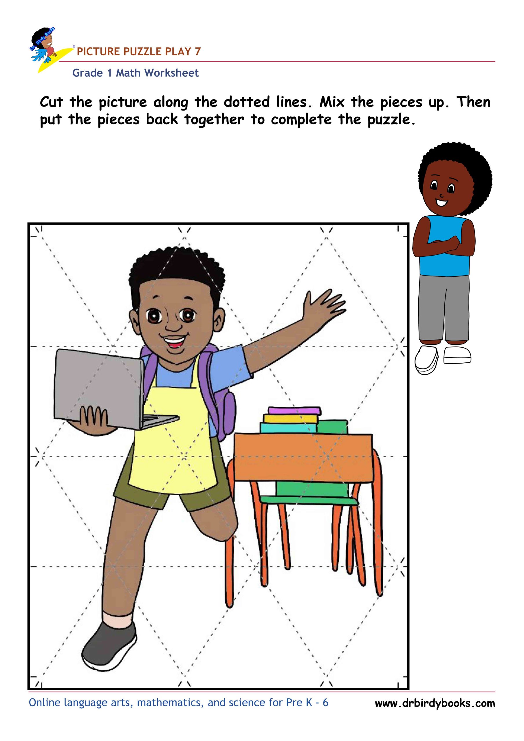 Grade 1 math picture puzzle worksheet with cut and assemble activity