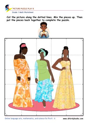 Grade 1 math picture puzzle worksheet with cut and assemble activity