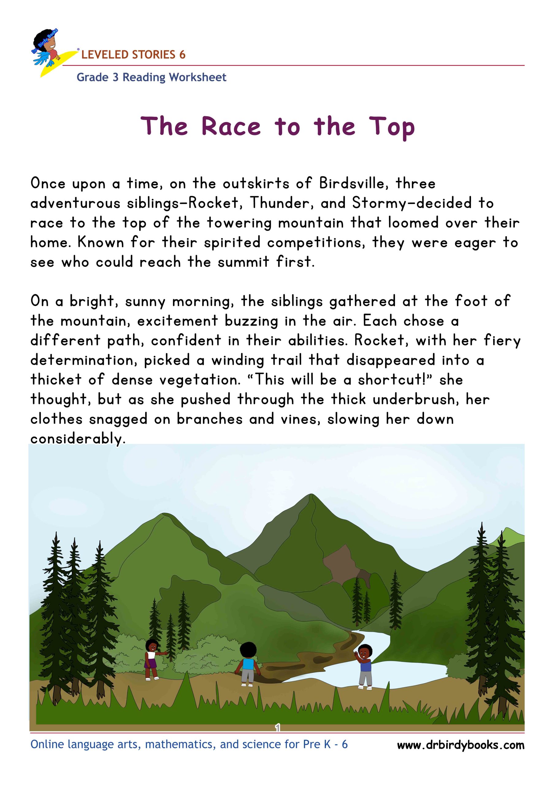 Grade 3 Reading Comprehension Worksheet with story order and grammar questions